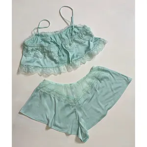 ANTHROPOLOGIE Two Piece Set Crop Lace Ruffle Cami Short Mint Green Lacey Medium thumbnail 8