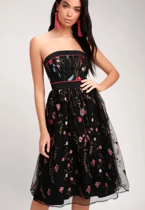 Lulu’s For the Frill of It Black Embroidered Strapless Midi Dress Medium thumbnail 1