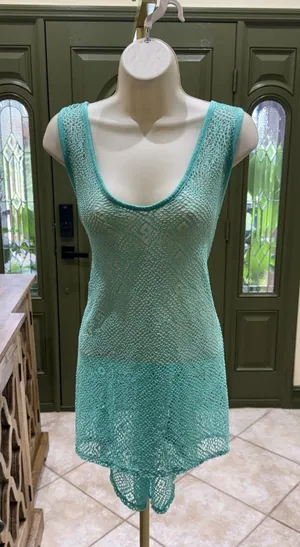 Turquoise crochet scoop neck swimsuit cover up dress size L thumbnail 1