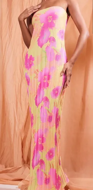 Pretty Little Thing Maxi Pleated Multi Watercolor Strapless Dress thumbnail 1