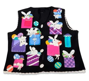 Vintage Michael Simon Easter Bunny Applique Knit Sweater Vest Medium Whimsical‎ thumbnail 1