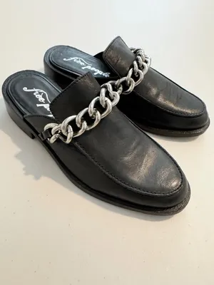 Free‎ People Vida Mules Size 36 Black Leather Silver Chain Grunge Downtown Girl thumbnail 3