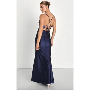 Lulus Iconic Allure Navy Blue Cowl Neck Lace Up Ruched Maxi Dress Stretch XS NWT thumbnail 2