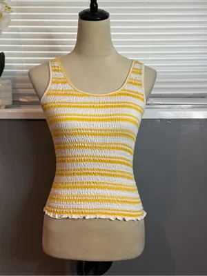 SO Yellow White Smocked Tank Top Size Small 100% Cotton Summer Beach thumbnail 3