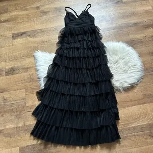 LULU’S Radiant Event Black Mesh Tiered Pleated Backless Maxi Dress thumbnail 5