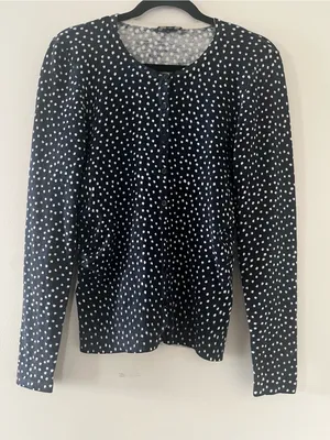 Ann Taylor Silk Cashmere Navy Blue Polka Dot Button Up Cardigan Small Teacher thumbnail 1