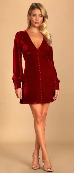 Lulus Red Velvet Mini Dress Womens M Long Sleeve V Neck Button Front Holiday Par thumbnail 1