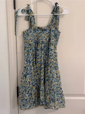 Altar'd State Light Blue Floral Smocked Tie-Shoulder Mini Dress thumbnail 3