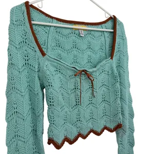 Urban Outfitters Mint Green Pointelle Knit Cropped‎ Sweater Brown Trim Bow Med thumbnail 2