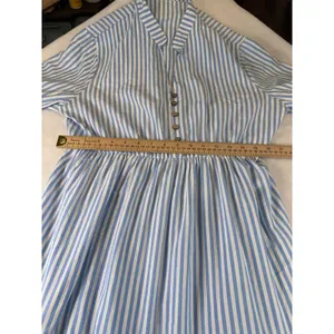 Blue White Striped Tiered Midi Dress XL Short Sleeve Button Front Coastal Boho thumbnail 4