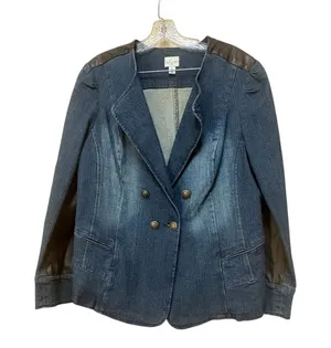 Style & Co XL Denim Blazer Faux Leather Equestrian Double Breasted Y2K Jacket thumbnail 1