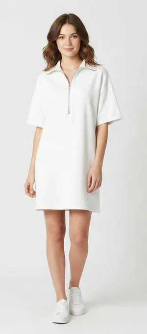 Reformation Hampton Sweat Mini Dress White Organic Cotton Fleece Half Zip XS thumbnail 1
