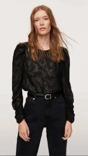 MNG Black‎ Sheer Textured Puff Sleeve Ruched Long Sleeve Top size 10 thumbnail 1