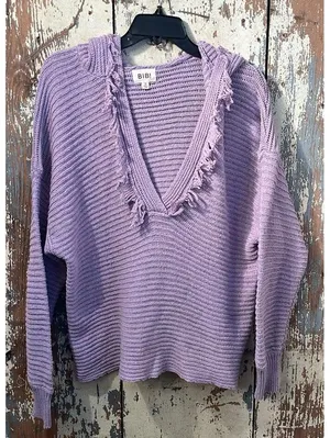 BIBI V Neck Hooded Sweater Fringe Small Long sleeves Purple artsy boho thumbnail 1