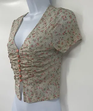 Coquette Y2K Mini Floral Mesh Top Sz M Deep V Ruch Festival Crop Cottage Fairy thumbnail 6