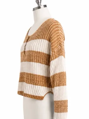 American Eagle Cropped Striped Henley Sweater Size Medium Tan Cream Chunky Knit thumbnail 2