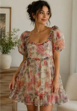 Coco & Jaimeson‎ Floral Puff Sleeve Cottagecore Babydoll Mini Dress Romantic LG thumbnail 1