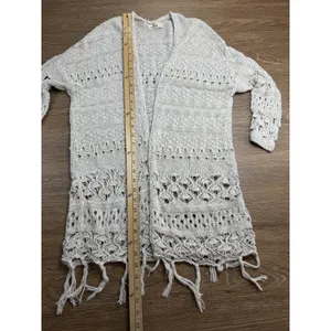 Hollister Cardigan Womens S Cream Crochet Open Knit Fringe Boho Cotton Duster thumbnail 9
