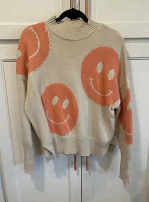 By Together Boho cream fairy Orange Smiley Face Knit Sweater Cozy Casual Size S winter thumbnail 1