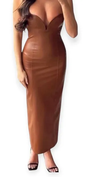 Zara Blogger Strapless Faux Leather Brown Maxi Dress thumbnail 1