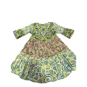 Dress Addict XS Tiered Cotton Mini Dress Green Floral Paisley Swirl Boho Tunic thumbnail 2