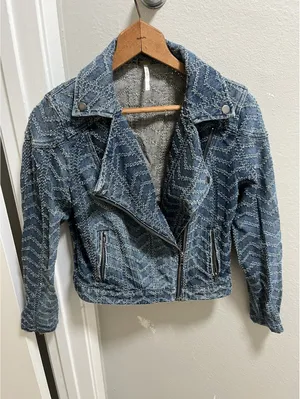 Free People Women's Blue Chevron Moto Biker Jacket Sz S thumbnail 1