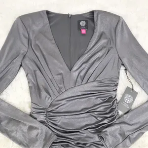 VINCE CAMUTO Silver Fitted‎ Cocktail Dress Size 2 Metallic Ruched Formal New thumbnail 3