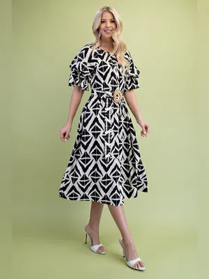 Black & White Geometric Midi Dress with Belt L new thumbnail 2