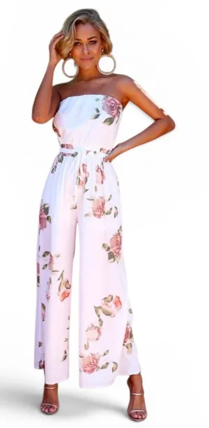 Hello Molly White Strapless Floral Wide-Leg Jumpsuit with Pink Roses thumbnail 1