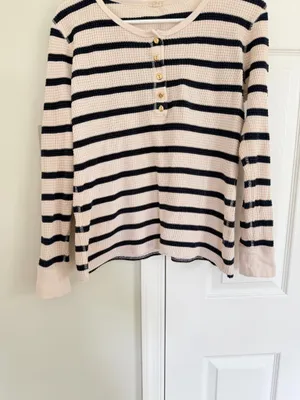 J. Crew Womens Waffle Thermal Henley Top Shirt Striped Blue Ivory Gold Button M thumbnail 4