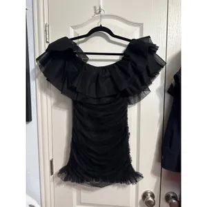 Black Tulle Ruffle Off Shoulder Ruched Mini Dress Coquette‎ Glam Cocktail Party thumbnail 2