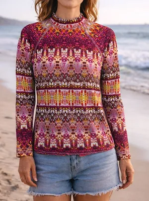 Garnet Hill Mock Neck Back Zip Art to Wear Red & Pink Rash Guard Size XL thumbnail 1