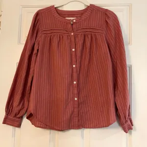 Loft Women’s Button Down Long Sleeve Blouse Pink White Size Small thumbnail 1
