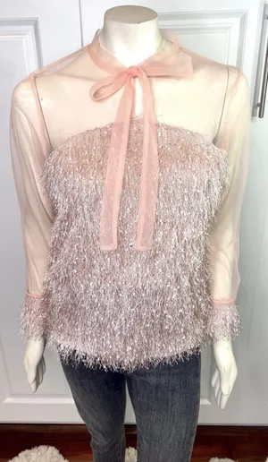 Blush Pink Contrast Mesh Tie Neck Shaggy Fringe Blouse thumbnail 15