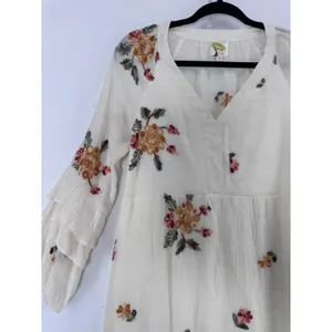 Anthropologie Fly & Flower Cream Embroidered Boho Dress sz M Ruffle Cottagecore thumbnail 6