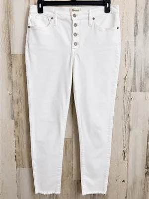 Madewell 9 Mid-Rise Skinny Jeans White Button Fly Frayed Hem Women's 32 thumbnail 2