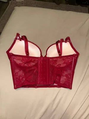 Victoria's Secret red patent leather corset bra with lace detailing thumbnail 2