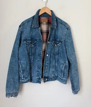 American Eagle Plaid Lined Denim Trucker Jacket XL 🔴 thumbnail 1