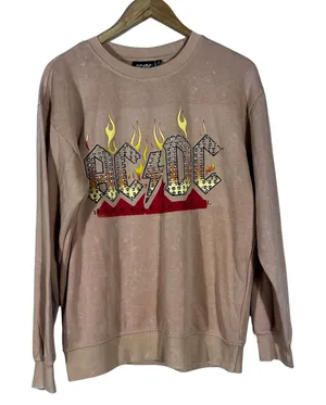 NWT ACDC Highway to Hell Acid Wash Sweatshirt Tan Studded Rock Band Size M thumbnail 1