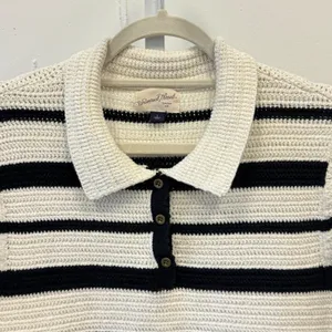 Universal Thread Women's‎ Striped Crochet Polo Knit Sweater White Black Large thumbnail 5