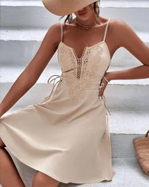 NWOT Lace Up Side Contrast Guipure Lace Cami Dress - Cream - L thumbnail 4