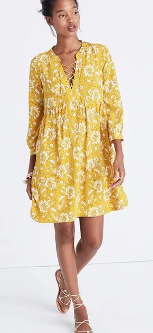 Madewell 100% Silk Assam Floral Lace-Up 3/4 Sleeve Mustard Yellow‎ Boho Western thumbnail 1