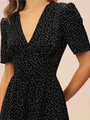 Rihoas Black V Neck Polka Dot Midi Dress thumbnail 2