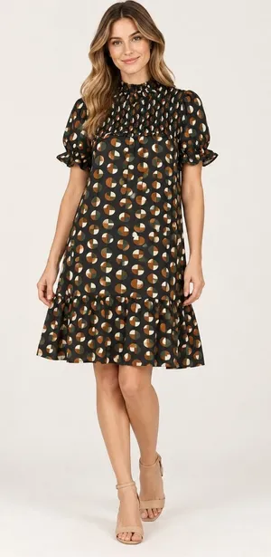 THML Women’s Small Geometric Print Smocked Mock Neck Ruffle Hem Shift Dress thumbnail 1