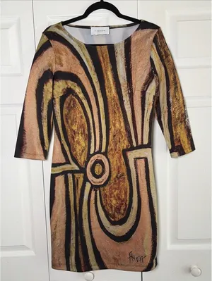 Le Galeriste Art Print Shift Dress Womens Size‎ S Brown Abstract Artsy Earthy thumbnail 1