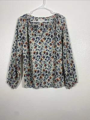 Velvet by Graham & Spencer White Floral V-Neck Blouse with Blue & Brown Accents thumbnail 2