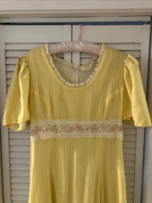Vintage Homemade Yellow Puff Sleeve Embroidery Formal Dress Medium thumbnail 5
