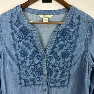 Bob Timberlake Blue Button Up Shirt Womens Medium‎ Long Sleeve Embroidered Boho thumbnail 3