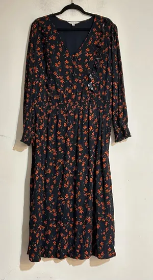 Garnet Hill Ruffle Crepe Floral Midi Dress Red Navy Size XL Cottage Boho thumbnail 1