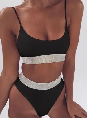 Boutique emma bling trim high waist swimsuits set black thumbnail 1
